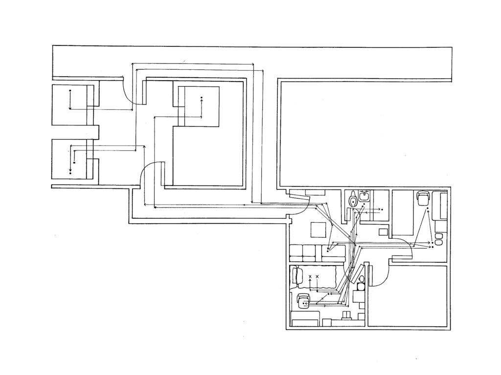 Floor plan of movement through residence pod and elevator room.