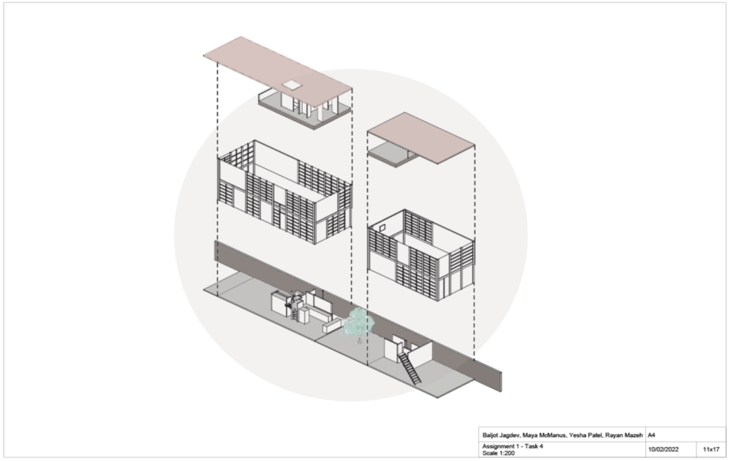 Exploded axonometric revealing interior and exterior elements