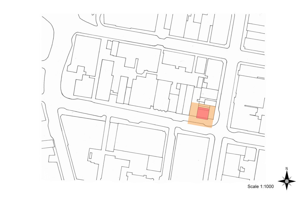 Site plan highlighting the building (red) and surrounding context
included in drawings (orange).